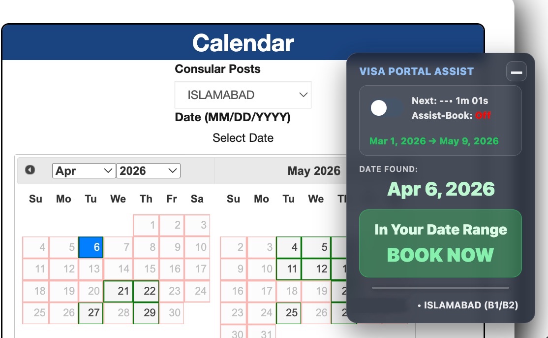 Chrome Extension overlay running on the visa scheduling calendar