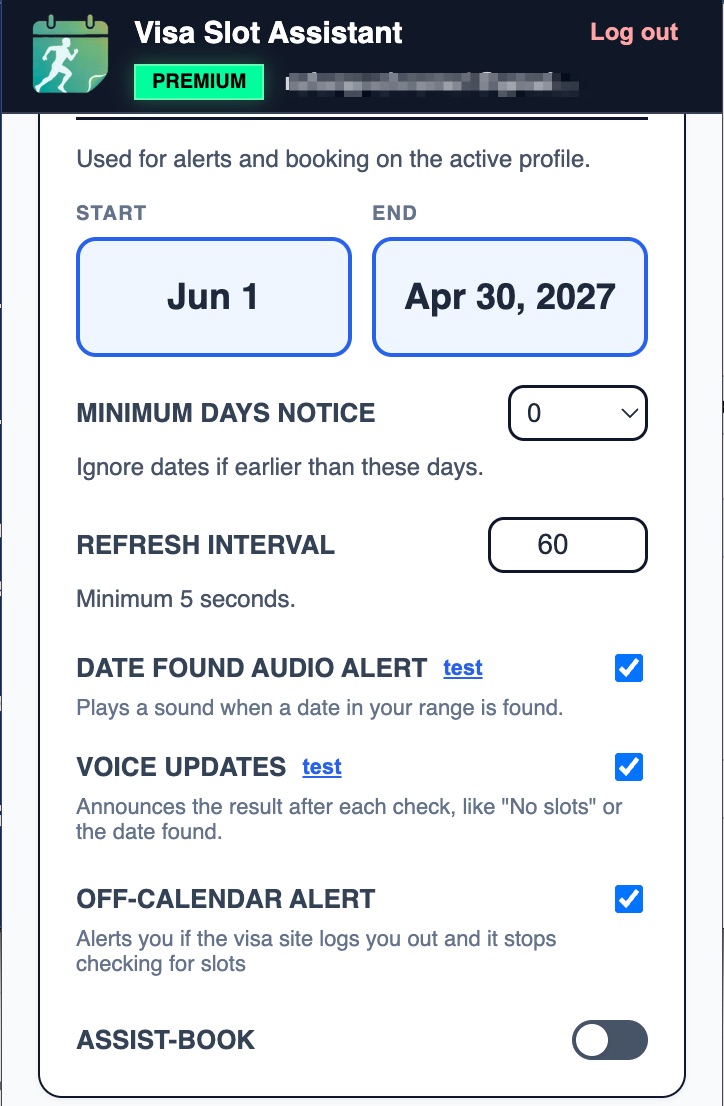 Chrome Extension popup showing auto-refresh controls and date range settings