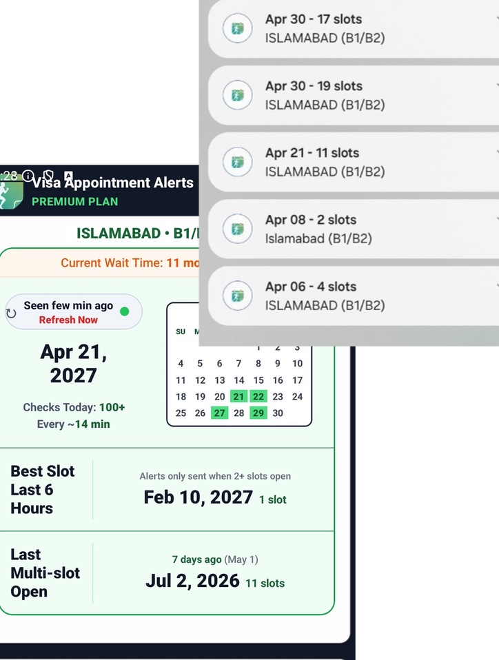 Mobile app showing visa appointment slot alerts